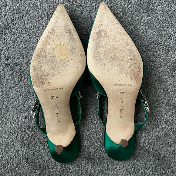 Manolo Blahnik Lurum | Green Satin Crystal Embellished Mules - Picture 4 of 6